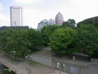 View from Broad Street bridge to Battelle Rieverfront Park in downtown Columbus, Ohio