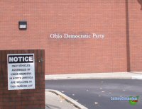 Sign at entrance to the Ohio Democratic Party in downtown Columbus, Ohio. The sign reads: Only vehicles assembled by union members in North America are welcome in this parking lot.