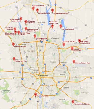 Map of golf course communities in Columbus, Ohio and throughout central Ohio